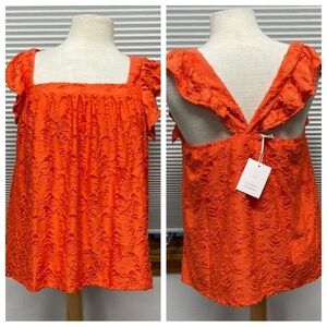 LC Lauren Conrad NWT Coral Ruffled Sleeve Square Neck Cross Back Top